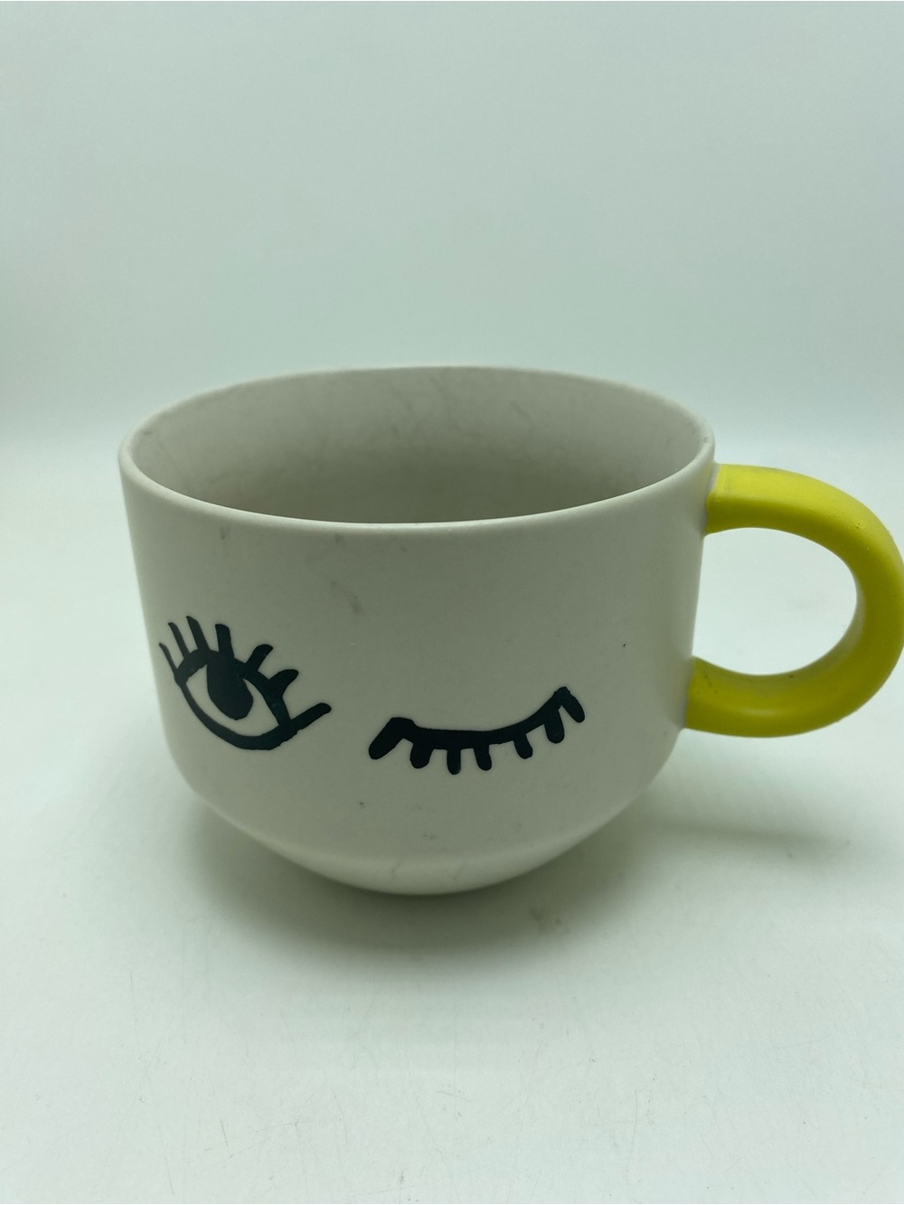 Starbucks Winking Face Ceramic Mug with Yellow Handle 14 Oz